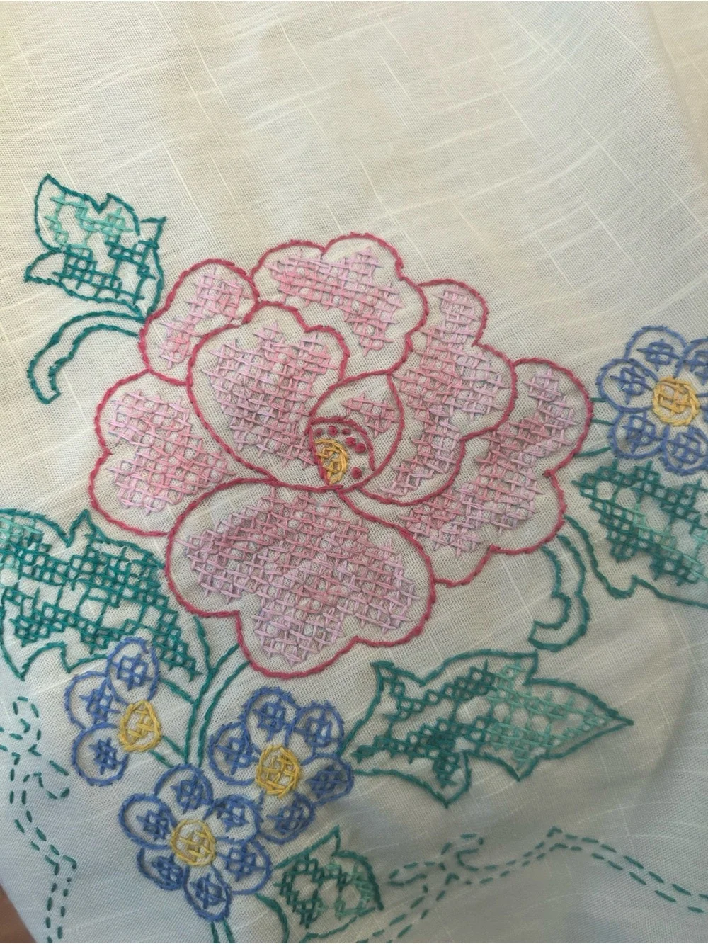 Vintage Style Floral Embroidered Tablecloth Rectangle 78x58” Cottagecore